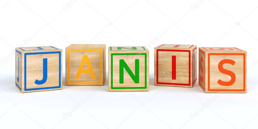 Isolated wooden toy cubes with letters with name janis
