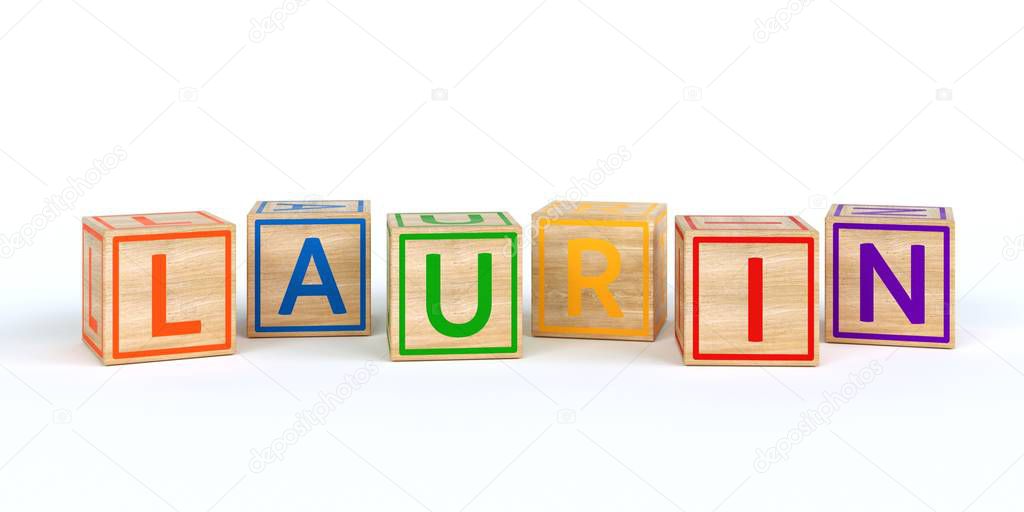 Isolated wooden toy cubes with letters with name laurin