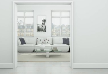 Modern skandinavian iç tasarım oturma odasında beyaz stili