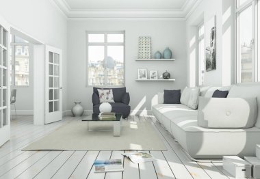 Modern skandinavian iç tasarım oturma odasında beyaz stili