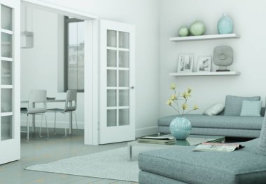 Modern skandinavian iç tasarım oturma odasında beyaz stili