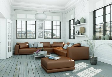 Modern skandinavian iç tasarım oturma odasında beyaz stili