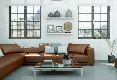 Modern skandinavian iç tasarım oturma odasında beyaz stili