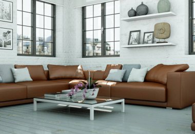 kahverengi deri ile modern skandinavian iç tasarım oturma odası kanepe 3d çizim