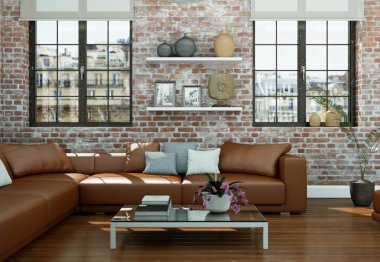 taş duvar ile modern skandinavian iç tasarım oturma odası