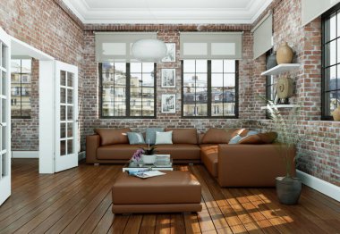 taş duvar ile modern skandinavian iç tasarım oturma odası