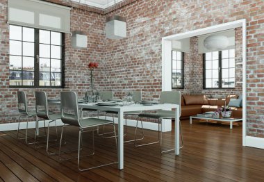 taş duvar ile modern skandinavian iç tasarım oturma odası