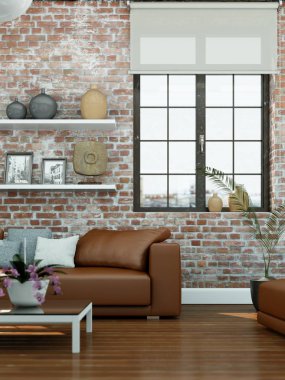 taş duvar ile modern skandinavian iç tasarım oturma odası