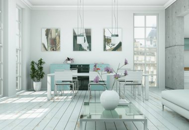 Modern skandinavian iç tasarım oturma odasında beyaz stili