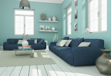 Modern skandinavian iç tasarım oturma odası whith mavi kanepe