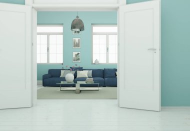 Modern skandinavian iç tasarım oturma odası whith mavi kanepe