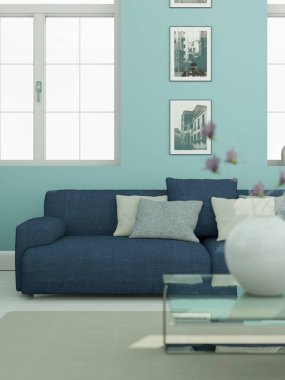 Modern skandinavian iç tasarım oturma odası whith mavi kanepe