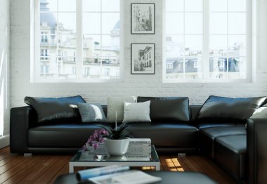 siyah deri ile modern skandinavian iç tasarım oturma odası kanepe