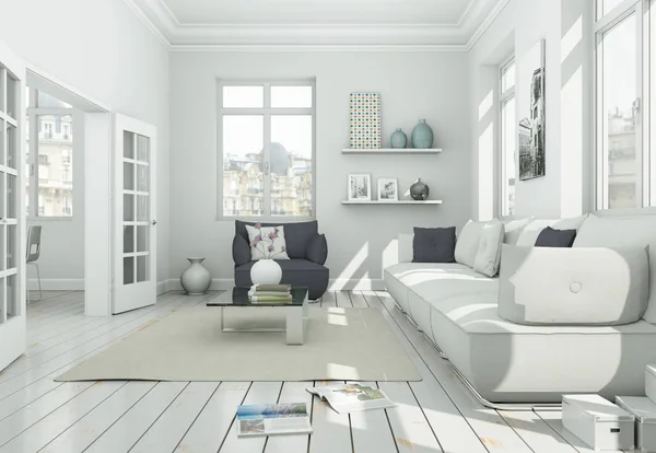 Современный скандинавский дизайн интерьера гостиной в белом стиле — стоковое фото