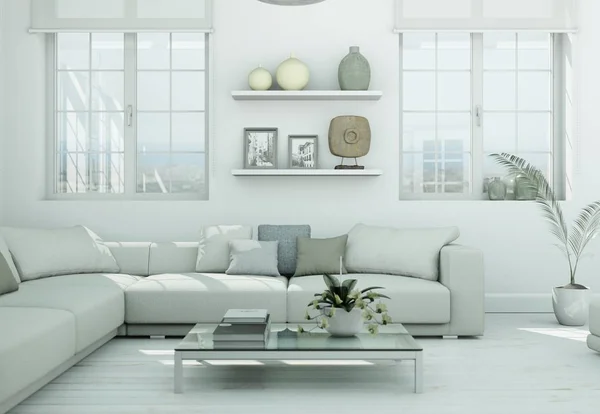 现代 skandinavian 室内设计客厅白色风格 — 图库照片