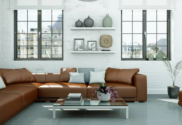 Modern skandinavian iç tasarım oturma odasında beyaz stili