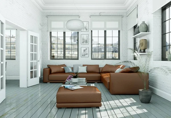 Moderna sala de estar de diseño interior skandinavian en estilo blanco — Foto de Stock
