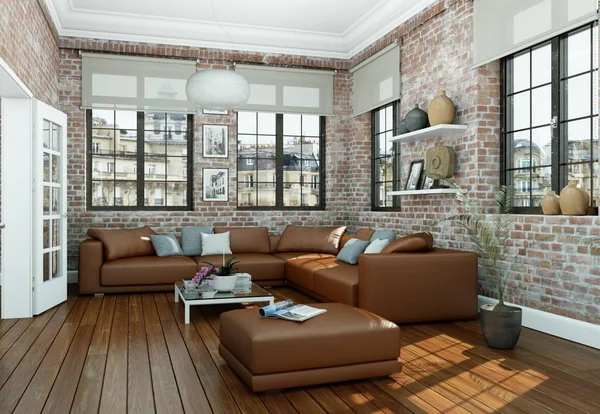 Moderno skandinavian interior design sala de estar com parede de pedra — Fotografia de Stock