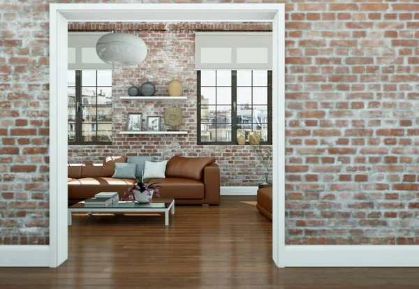 Moderna sala de estar de diseño interior skandinavian con pared de piedra — Foto de Stock
