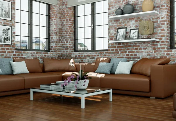 taş duvar ile modern skandinavian iç tasarım oturma odası