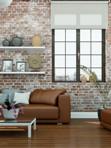 taş duvar ile modern skandinavian iç tasarım oturma odası