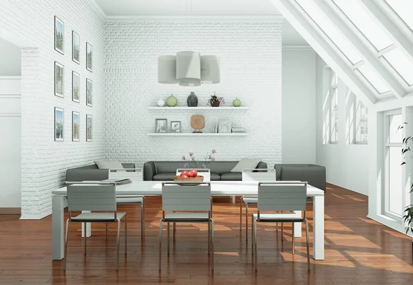Современный скандинавский интерьер столовой в белом стиле — стоковое фото