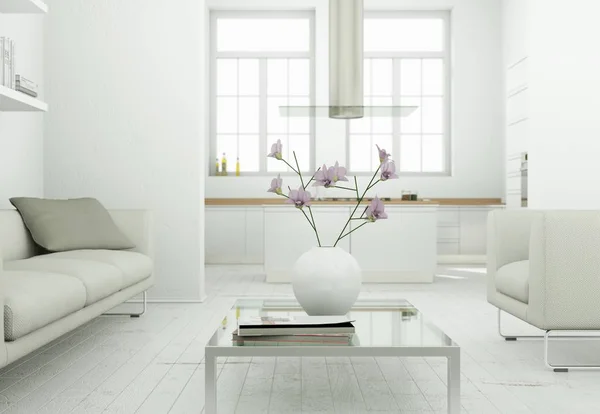 Nowoczesne skandinavian wnętrz pokój dzienny w stylu biały — Zdjęcie stockowe