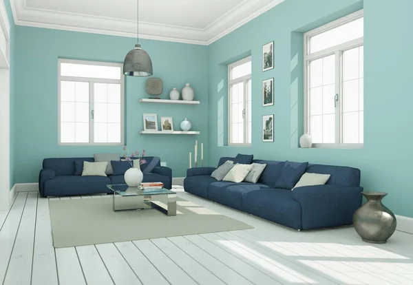 Современный скандинавский дизайн интерьера гостиной с голубым диваном — стоковое фото