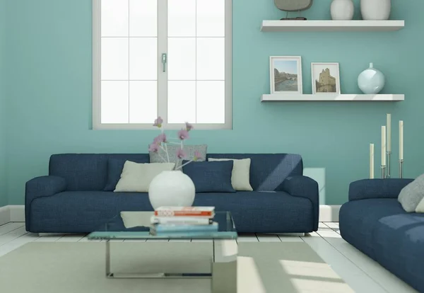 Nowoczesne skandinavian wnętrz pokój dzienny whith niebieski kanapie — Zdjęcie stockowe