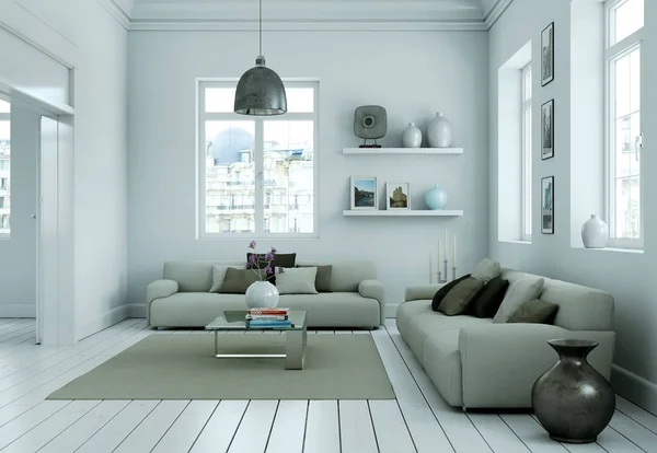 Moderne Skandinavische interieur woonkamer in witte stijl — Stockfoto