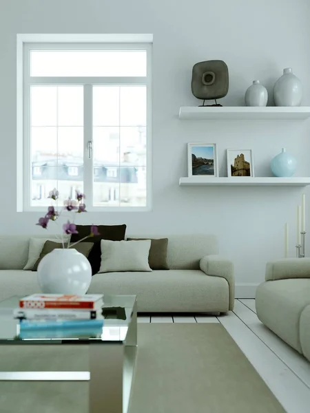 Сучасний скандинавський дизайн інтер'єру вітальні в білому стилі — стокове фото