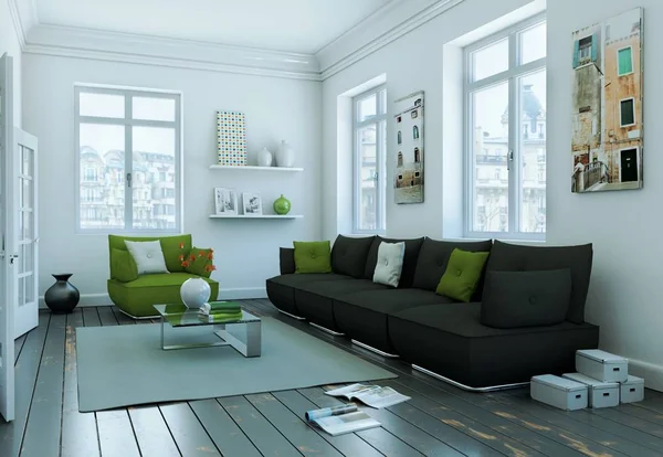 Moderna sala de estar de diseño interior skandinavian en estilo blanco — Foto de Stock