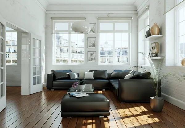 Современный скандинавский интерьер гостиной с черным кожаным диваном — стоковое фото