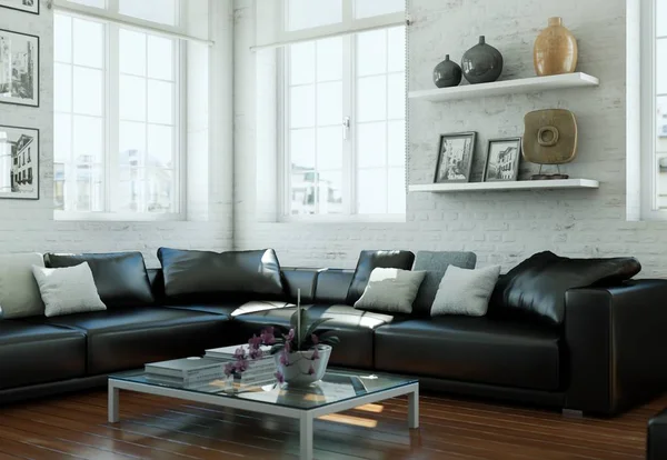 Desain interior skandinavia modern ruang tamu dengan sofa kulit hitam — Stok Foto