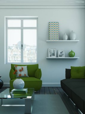 Modern skandinavian iç tasarım oturma odasında beyaz stil 3d çizim