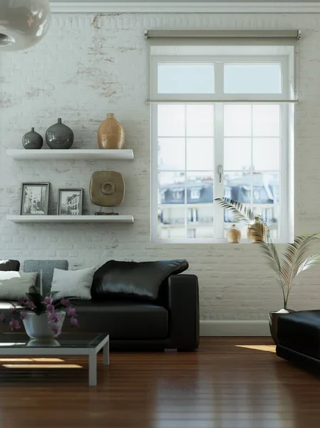 Moderno skandinavian interior design sala de estar com sofá de couro preto — Fotografia de Stock
