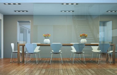 Modern yemek odası iç tasarım büyük tablo glas arkasında