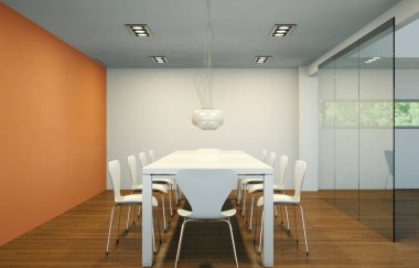 Modern portakal yemek odası iç tasarım büyük tablo glas arkasında