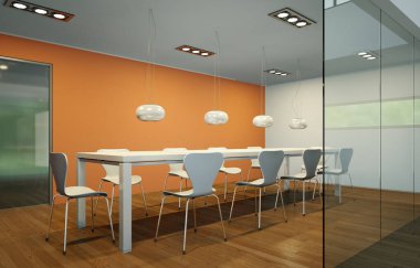 Modern portakal yemek odası iç tasarım büyük tablo glas arkasında
