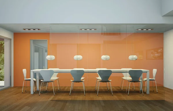 Modern orange dining room interior design big table behind glas — Stock Photo, Image