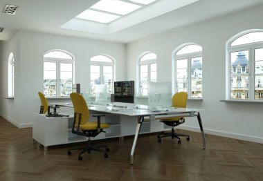 Modern sarı ofis iç tasarım 3d render