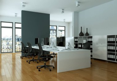 Modern gri ofis iç tasarım 3d render