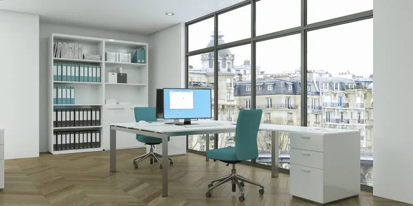 Moderne bureau à domicile blanc design d'intérieur 3d rendu — Photo