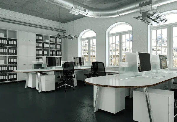 Design de interiores de escritório minimalista moderno 3d renderização — Fotografia de Stock