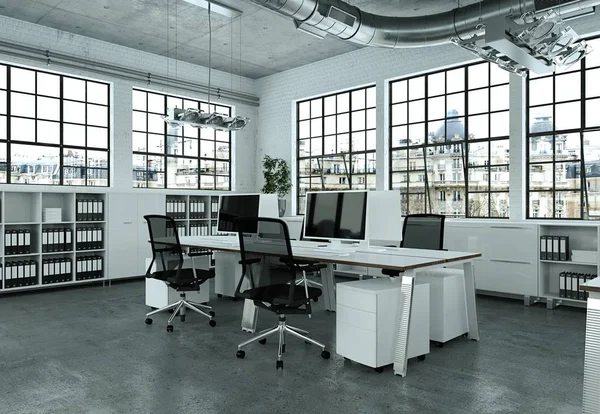 Design de interiores de escritório minimalista moderno 3d renderização — Fotografia de Stock