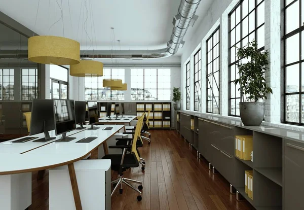 Modern brown yellow office interior Design 3d rendering — Stock Photo, Image