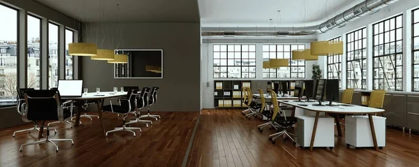 Moderno marrom amarelo escritório interior Design 3D renderização — Fotografia de Stock