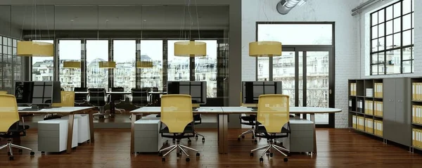 Μοντέρνο γραφείο καφέ κίτρινο εσωτερικό σχεδιασμό 3d rendering — Φωτογραφία Αρχείου