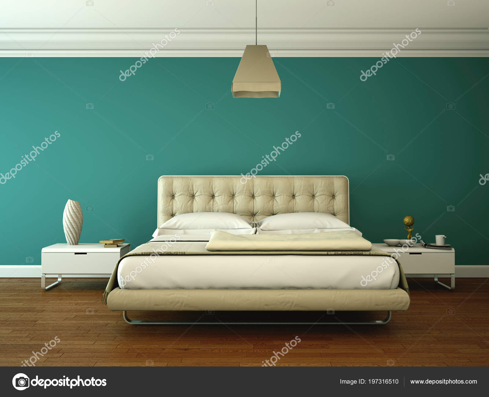 moderno dormitorio con pared azul y decoración moderna — Foto de stock