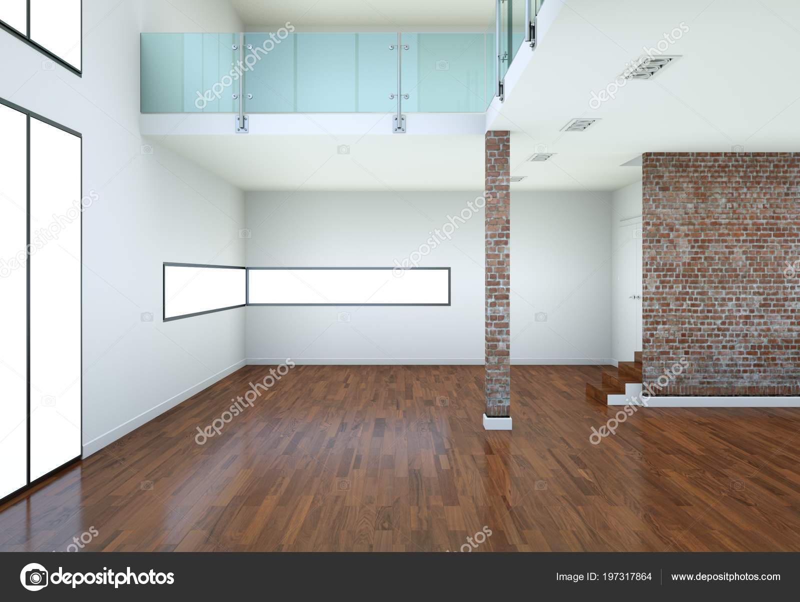 Empty Room With White Walls Windows And Parquet Stock
